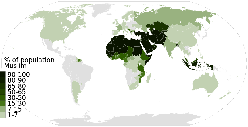 Mundo islâmico, por porcentagem da população (Pew Research Center, 2014)